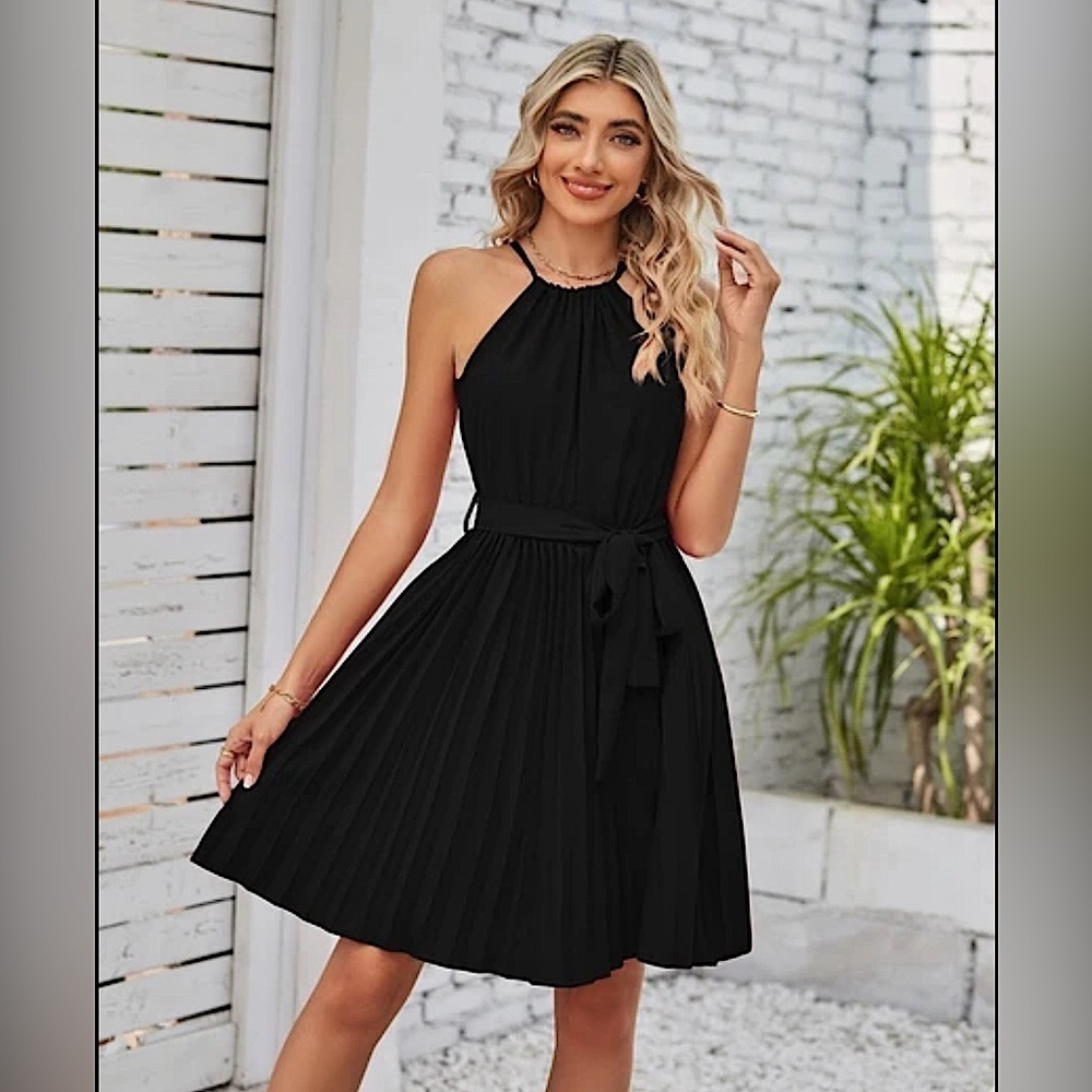 NEW Black Halter Neckline Belted Waist Pleated Skirt Swing Dress Size XL